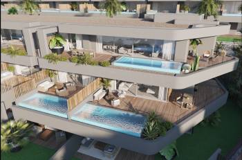 Tiered architecture with private infinity pools at AMOENUS, designed by Teótimo Rodríguez Hermoso