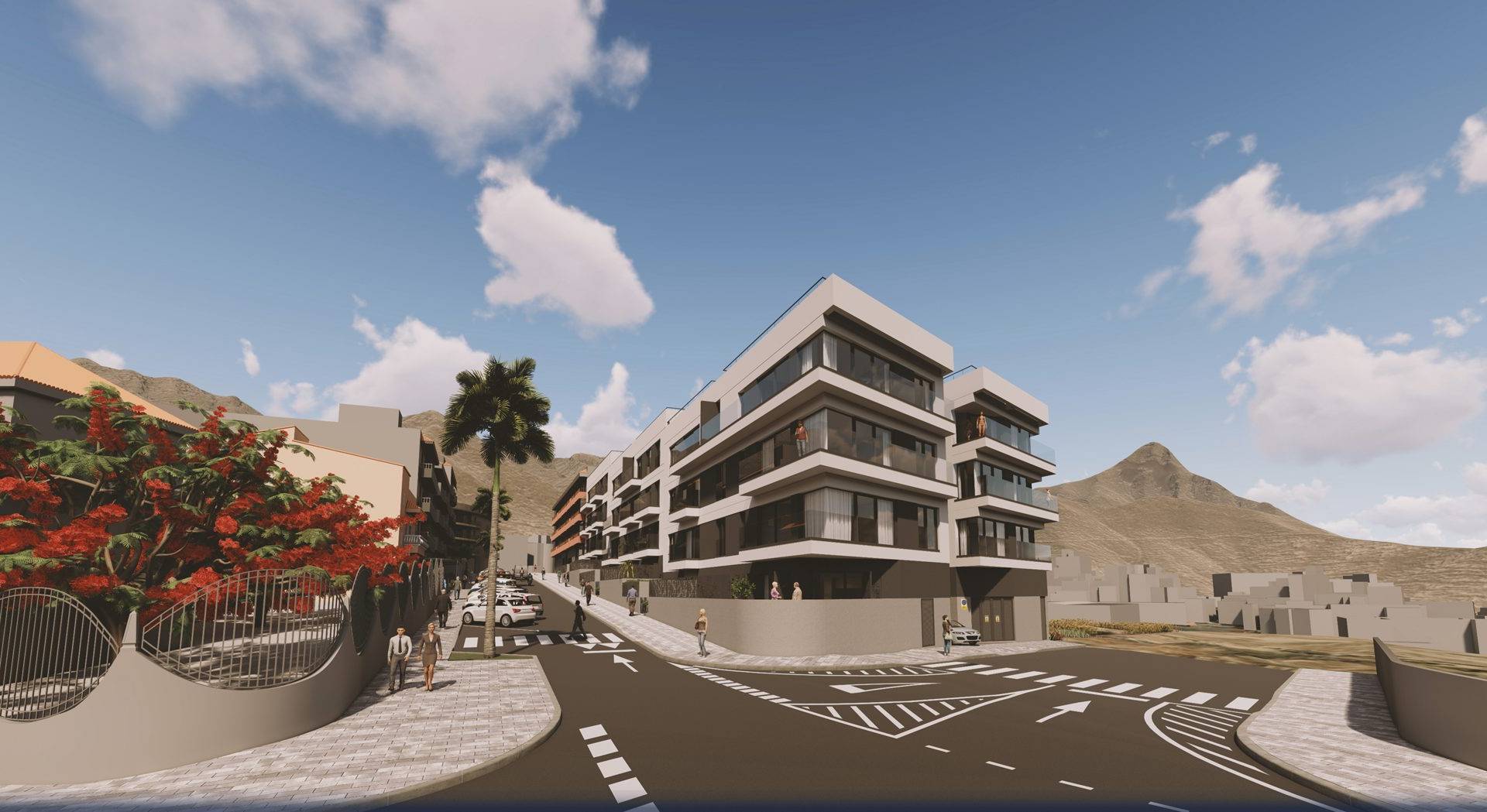 Full façade of Olympic Residences, 55 homes across four floors, Adeje