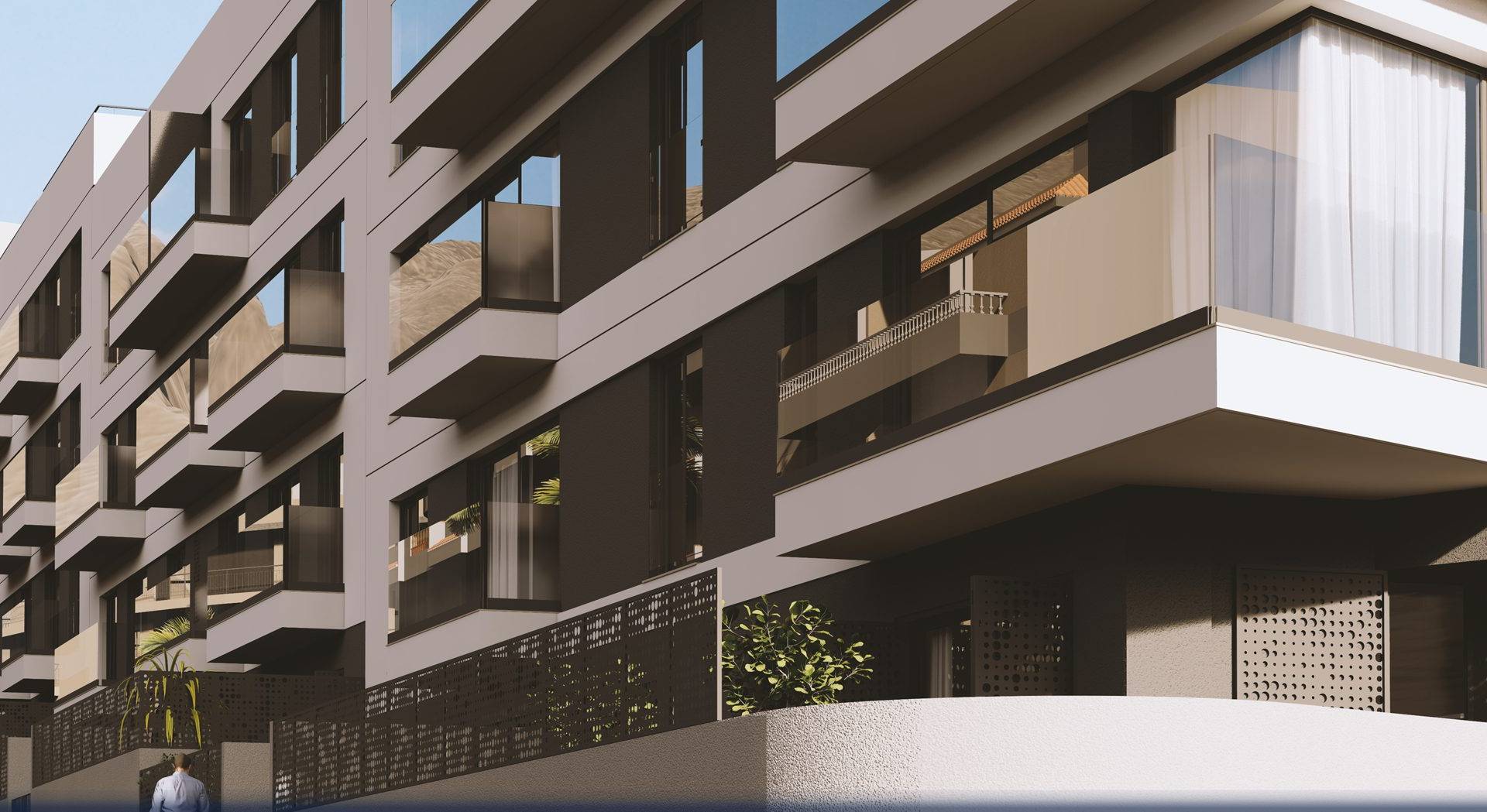 Façade and terrace detail at Olympic Residences, Adeje