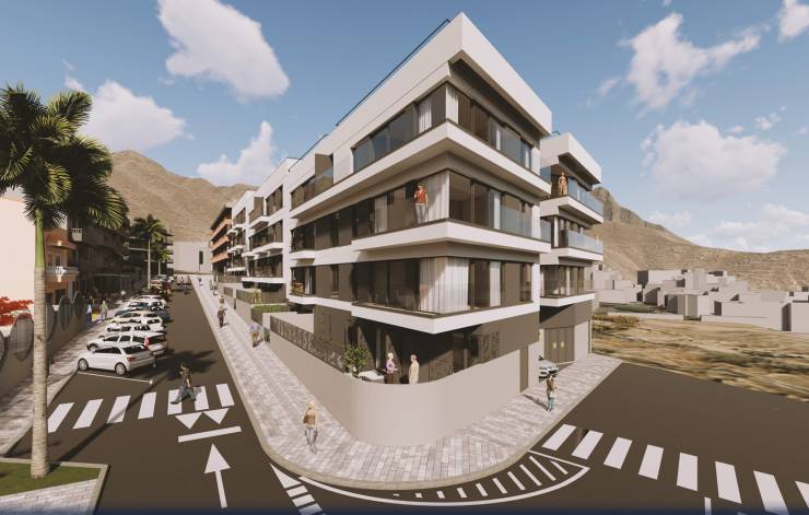Olympic Residences: Gebäudeecke an der Avenida de la Constitución – Neubau in Adeje, Teneriffa