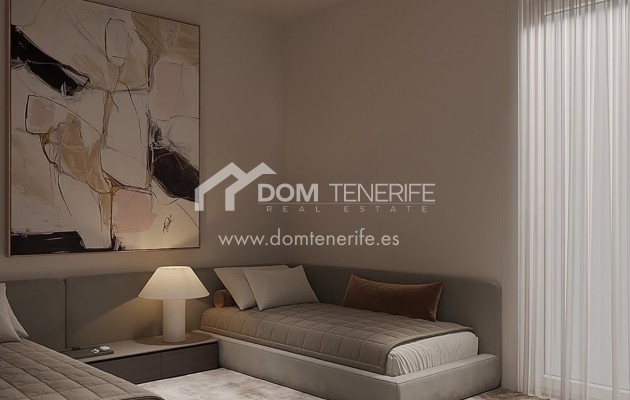Olympic Residences 106: bedroom with artwork – new build in Adeje, Tenerife