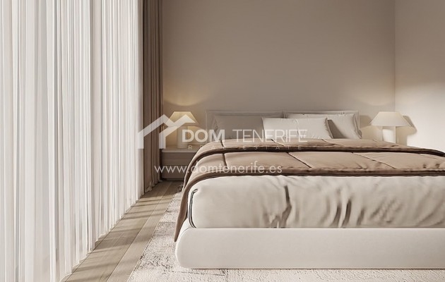 Olympic Residences 108: master bedroom with curtains – new build in Adeje, Tenerife