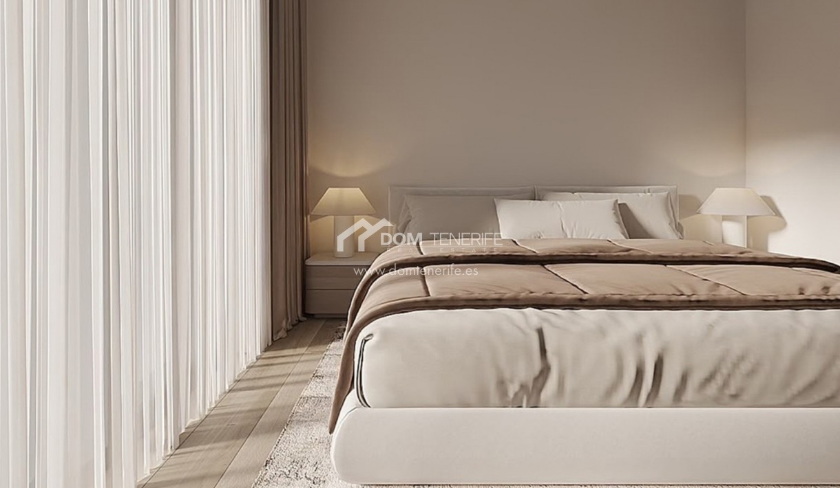 Olympic Residences 112: master bedroom with curtains – new build in Adeje, Tenerife